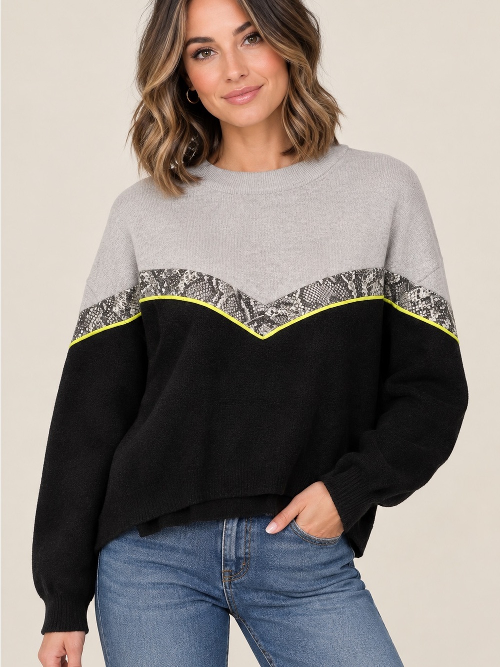 Snake print stripe knit sweater